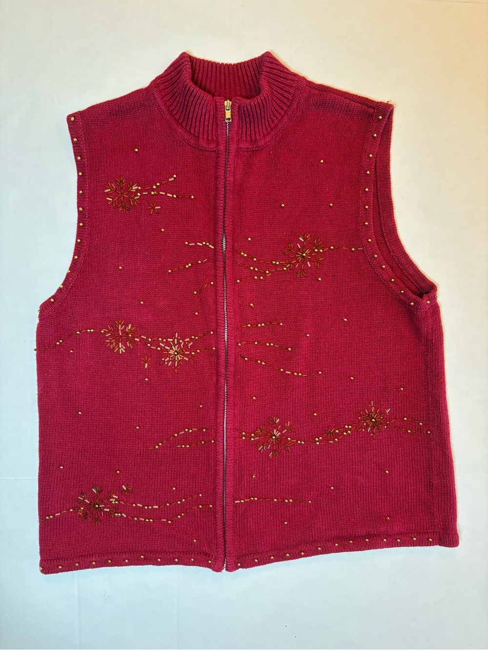 Karen Hart VTG Red Ramie & Cotton Blend Holiday Zip Sweater Vest Size XL